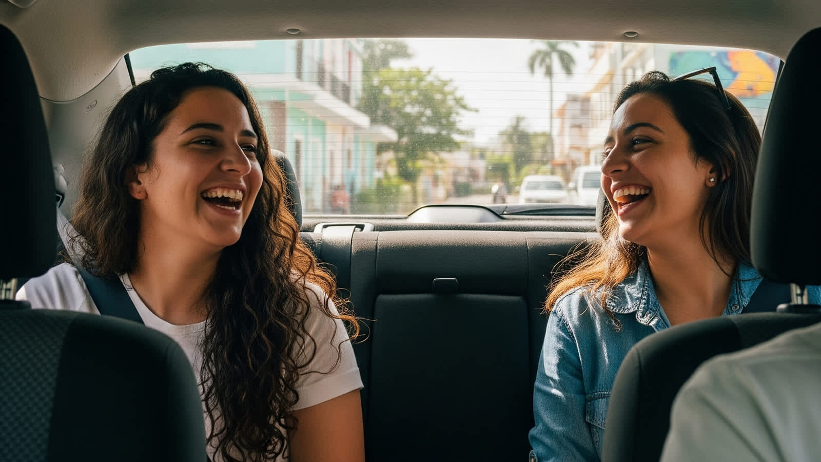 Two women laughing together in a car backseat with tropical town visible through the window.
